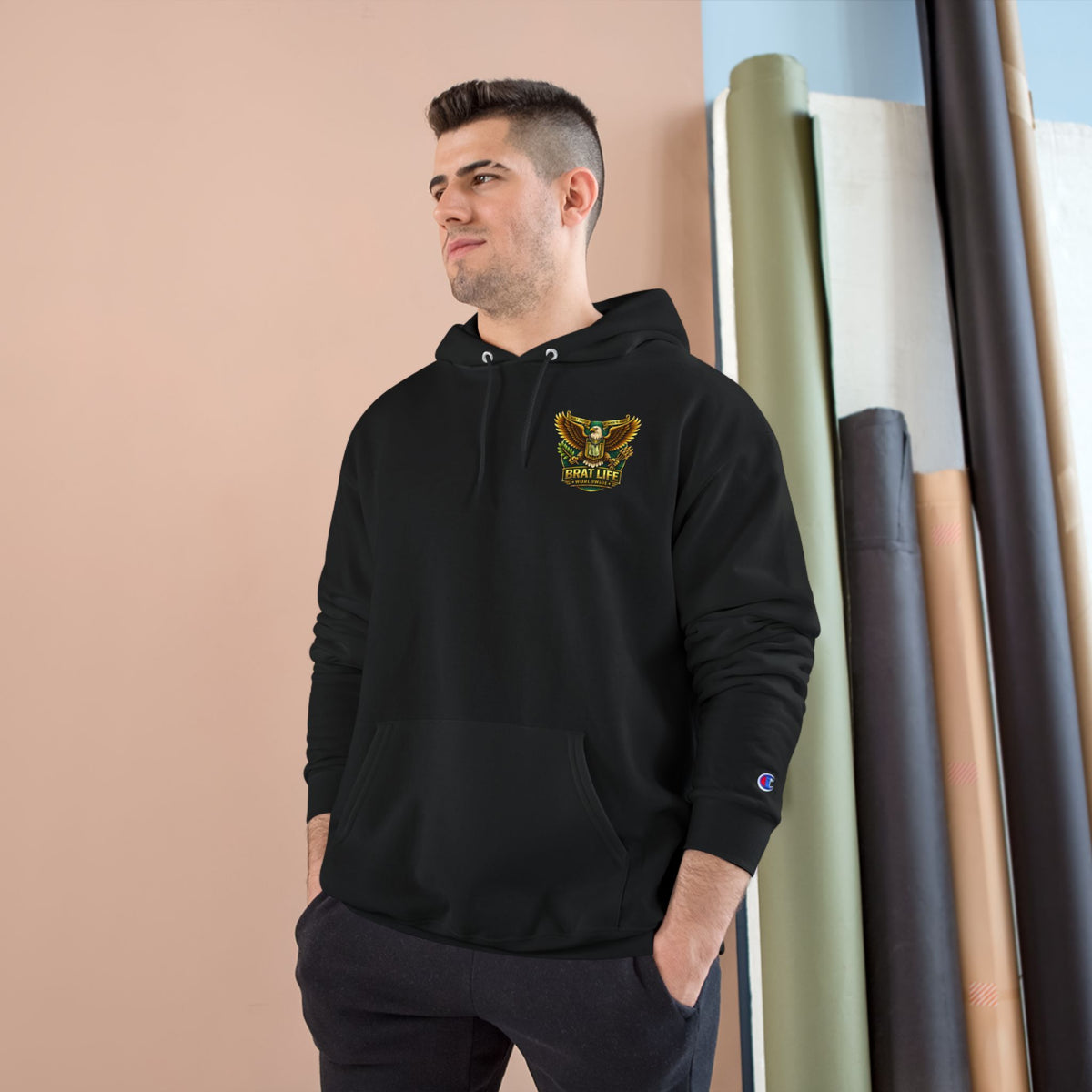 Champion Hoodie with Brat Life Eagle Crest – Streetwear Pullover