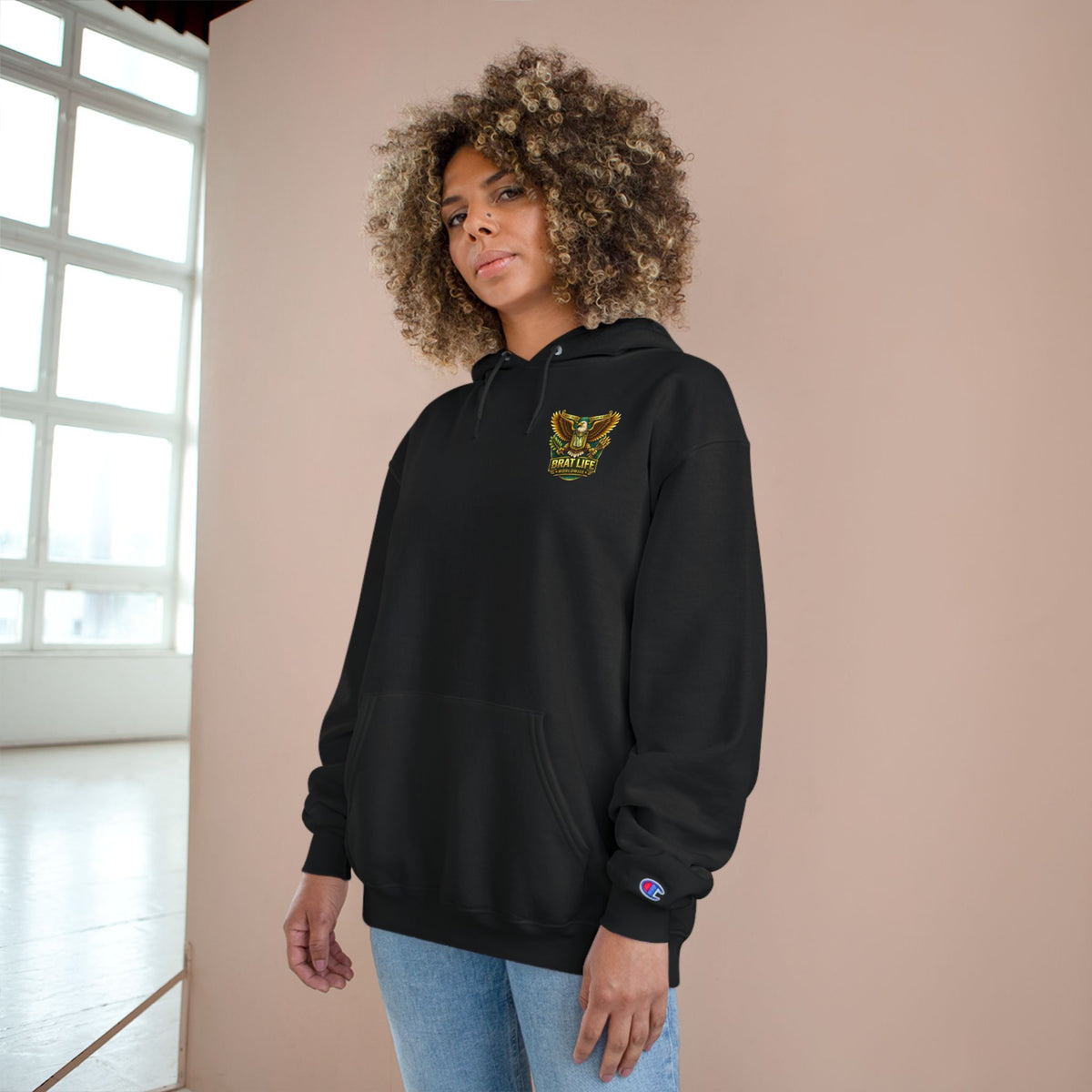 Champion Hoodie with Brat Life Eagle Crest – Streetwear Pullover